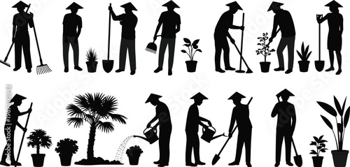 Gardener silhouette set showing planting watering digging raking activities isolated vector farmers with tools plants agriculture work collection black figures
