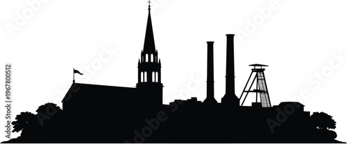 German industrial cityscape with gothic church chimneys and mining tower black silhouette vector