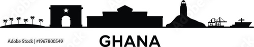 Ghana skyline silhouette including independence arch palm trees lighthouse and harbor elements