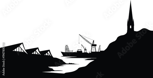 Industrial harbor skyline silhouette with ship crane and tall tower at sunset near ocean bay