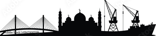 Islamic port city silhouette with bridge mosque and industrial shipping cranes over horizon