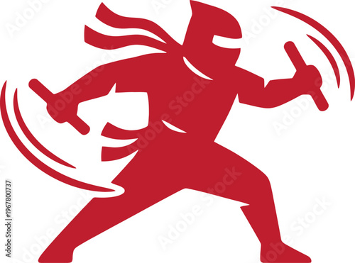Red ninja silhouette using nunchucks in action