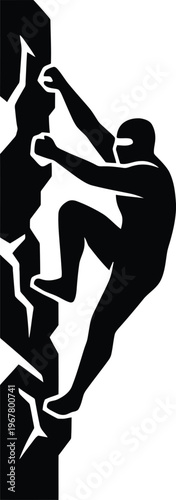 Ninja silhouette climbing rock wall in black