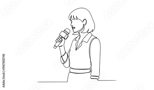 Continuous one line female reporter holding microphone journalist vector illustration isolated on white background