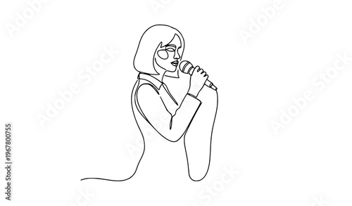 Minimal one line journalist woman with microphone news reporting vector illustration isolated on white background