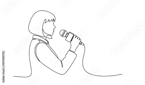 Continuous line female journalist holding microphone media news vector illustration isolated on white background