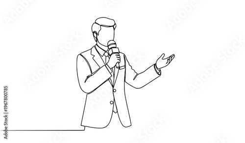 Continuous one line reporter on duty holding microphone vector illustration isolated on white background