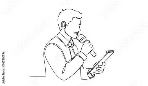 Continuous line reporter holding microphone journalism media vector illustration isolated on white background