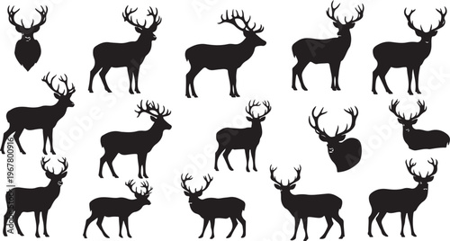 Collection of deer silhouettes in various poses and antler styles