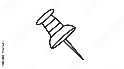 Push pin drawing with thick black lines on a white background, simple icon for office and school supplies
