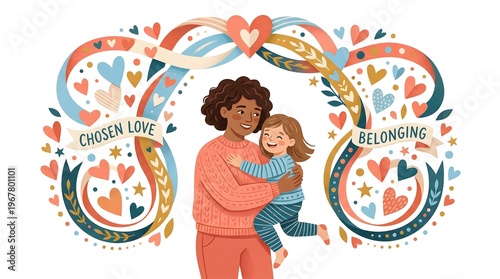 Joyful Mother and Child Embrace Illustrating Chosen Love and Belonging