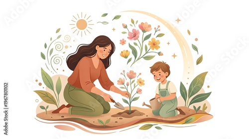 Mother and Son Gardening Together, Planting Flowers and Watering Plants in a Beautiful Spring Garden Illustration