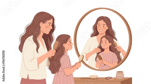 Happy Mother and Daughter Brushing Hair Together in Front of Mirror, Illustrating Family Bonding and Care