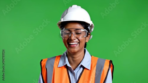 Smiling female engineer wearing safety helmet and vest in studio