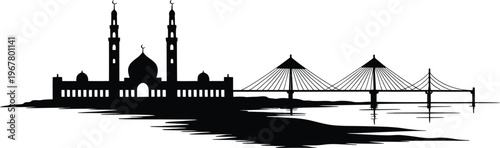 Modern suspension bridge and mosque silhouette over water reflection landscape panorama