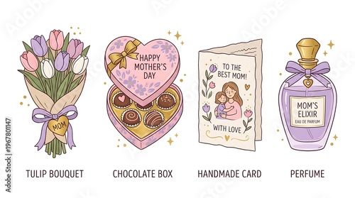 Mother's Day Gifts Collection with Tulips, Chocolates, Card, and Perfume Illustration