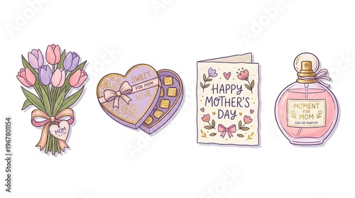 Cute Mother's Day Gifts Illustration Set with Tulips, Heart Chocolates, Greeting Card, and Perfume