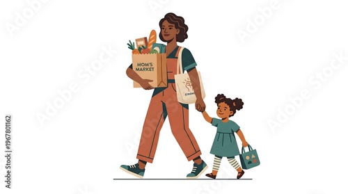 Happy Mother and Daughter Walking Hand in Hand with Grocery Bags, Daily Life Illustration