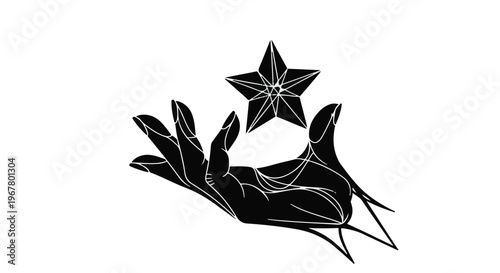 Hand reaching up to hold a shining star symbolizes aspiration and achievement.