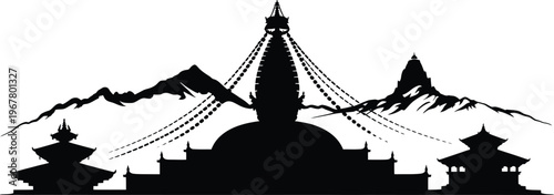 Nepal kathmandu skyline silhouette panoramic illustration mountains stupa temple architecture travel