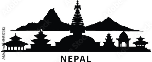 Nepal kathmandu valley skyline silhouette panoramic mountains stupa temple architecture black white