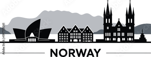Norway skyline silhouette with cathedral and traditional bergen houses against mountain peaks