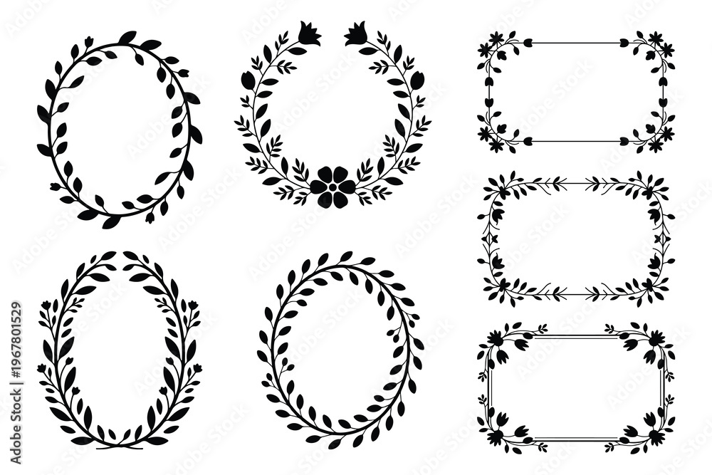 Obraz premium Black floral wreaths and frames leaves