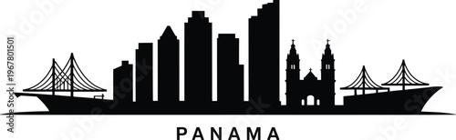 Panama city skyline silhouette with modern skyscrapers and historical cathedral over canal ship