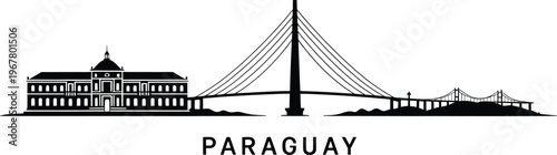 Paraguay skyline silhouette featuring government palace and modern cable stayed bridge landmark