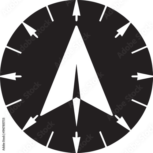 A black and white circular design featuring a central arrow surrounded by smaller arrows pointing out