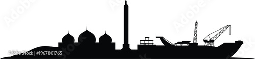 Ship silhouette with tall column mosques and industrial cranes representing port activity
