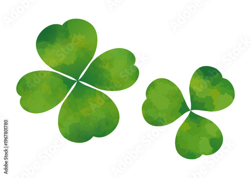 Green watercolor clover pair, four leaf shamrock illustration, natural botanical element isolated