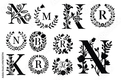 Monogram floral letters Bundle 19 alphabet typography