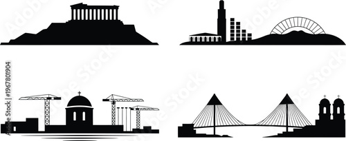 Skylines silhouette collection featuring famous ancient monuments modern bridges and religious structures
