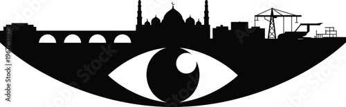 Waterfront city skyline silhouette framing large human eye symbol for vision and perspective concept