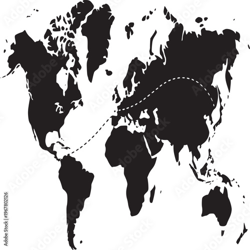 A black and white world map with a dotted line indicating a route across the continents of eurasia