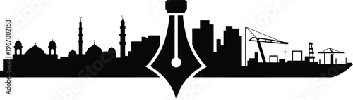 Waterfront port skyline silhouette with mosque architecture and large fountain pen graphic overlay