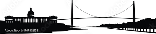 Waterfront panorama silhouette with grand building and modern suspension bridge spanning river
