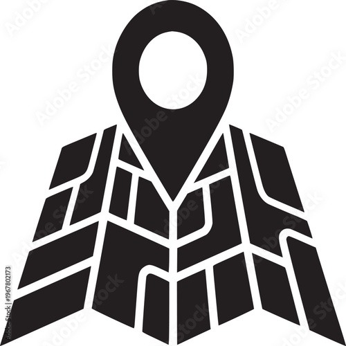 A black and white map icon with a location pin marking a specific point on the detailed map design