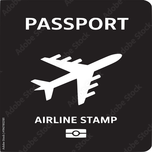 A black passport cover with the word passport and an airplane symbol and airline stamp written on it