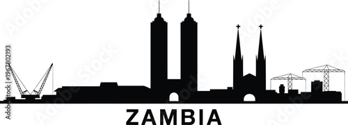 Zambia capital city skyline silhouette featuring tall twin towers and cathedral spires construction