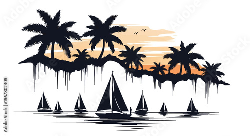 Sailboats glide across calm waters beneath a row of tropical palm tree silhouettes.
