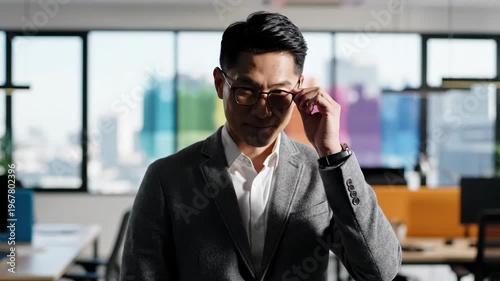Smiling businessman in modern office with large windows and city view