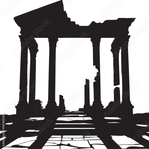 Silhouette of ancient ruins with columns and broken architecture against a white background space