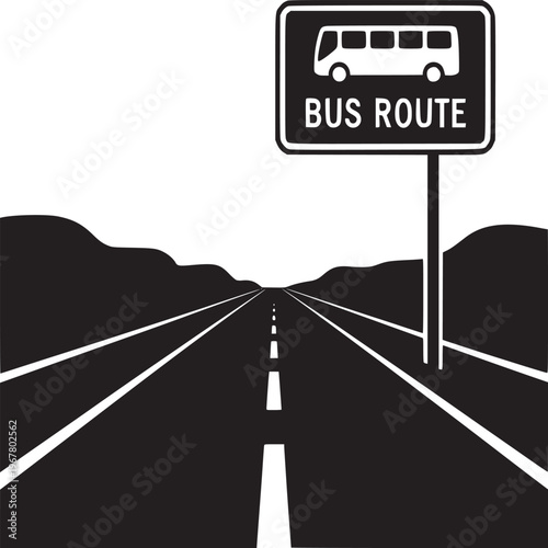 Bus route sign on a road with mountains in the background in black and white illustration style