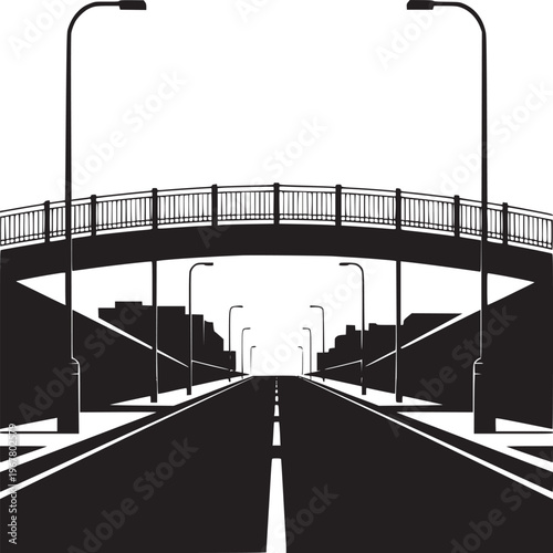 A monochrome illustration of a road leading under a bridge with streetlights and buildings alongside