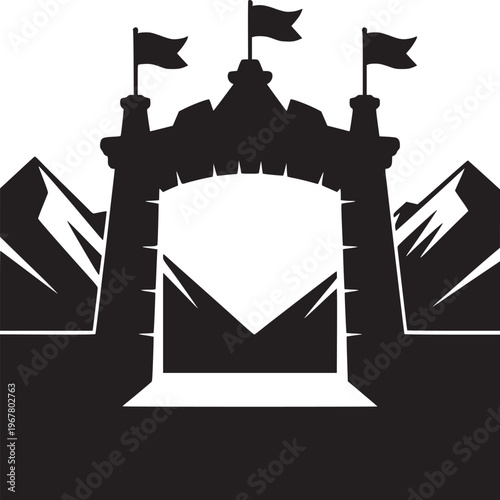 A black and white silhouette of a castle with flags and mountains in the background art style design