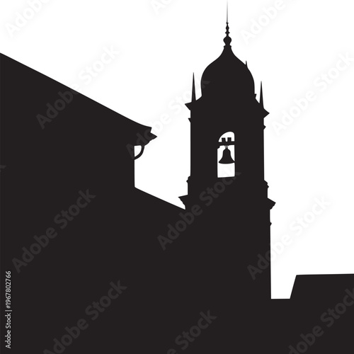 Silhouette of a church bell tower and building against a stark white background in monochrome style