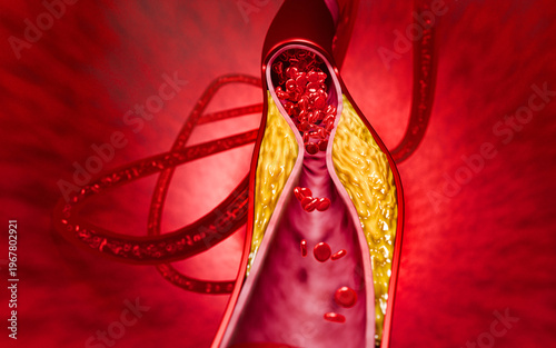 Artery narrowing due to cholesterol deposits, fast food intake, high-sugar beverages, alcohol addiction, and processed foods, emphasizing risks stroke, and cardiovascular death. 3D rendering