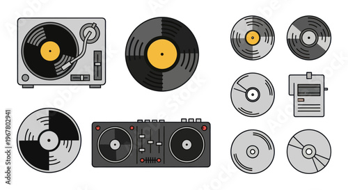 Dj Turntable, Vinyl Records, Mixer, Compact Disc Collection - Music Icon Set